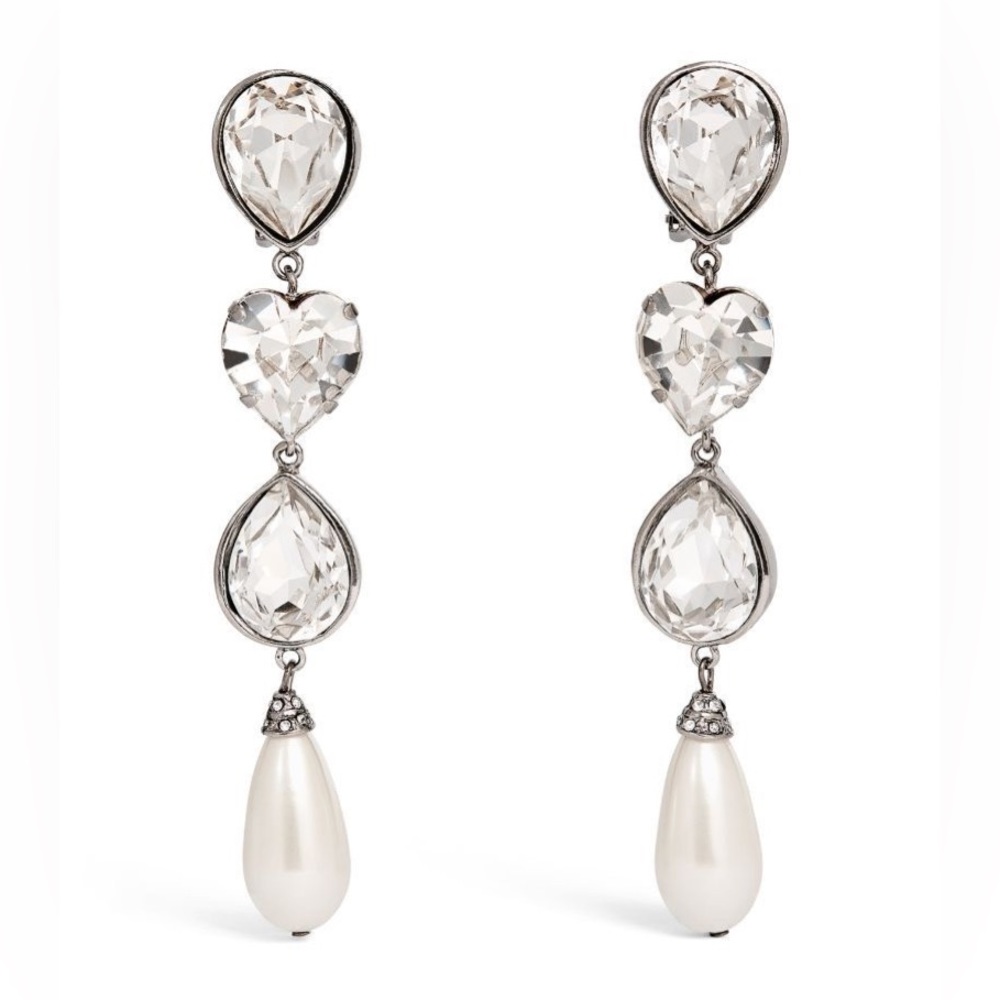 Alessandra Rich long crystals pearls clip on earrings